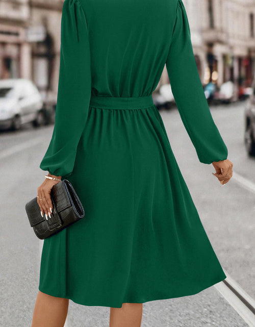 Load image into Gallery viewer, Tie Waist Notched Neck Long Sleeve Dress
