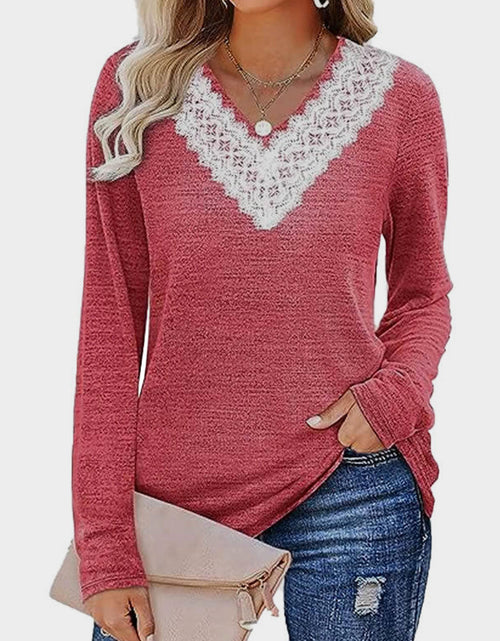 Load image into Gallery viewer, Lace Detail V-Neck Long Sleeve T-Shirt
