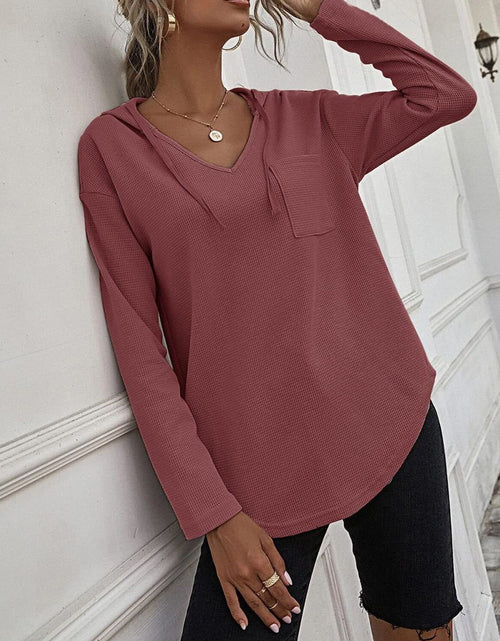 Load image into Gallery viewer, Drawstring Waffle Knit Long Sleeve Hooded Top
