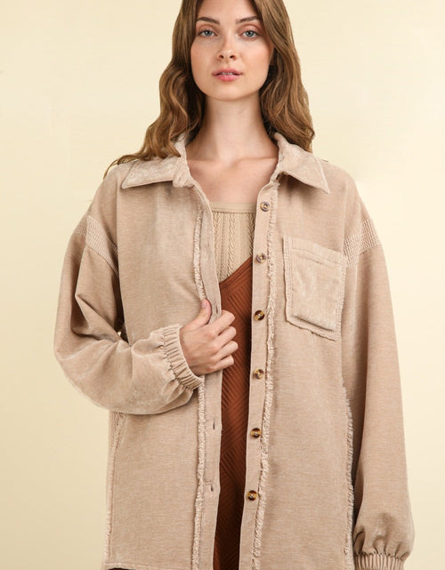 Load image into Gallery viewer, VERY J Mixed Media Button Down Raw Hem Shacket
