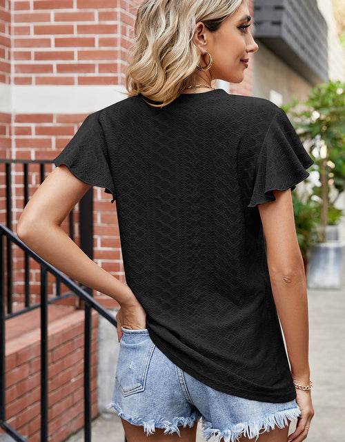 Load image into Gallery viewer, Eyelet V-Neck Flutter Sleeve T-Shirt
