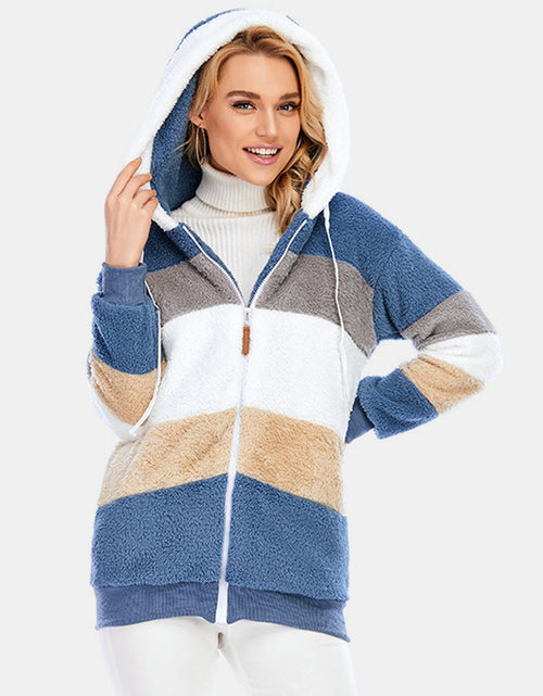 Load image into Gallery viewer, Full Size Drawstring Color Block Zip Up Hooded Outerwear
