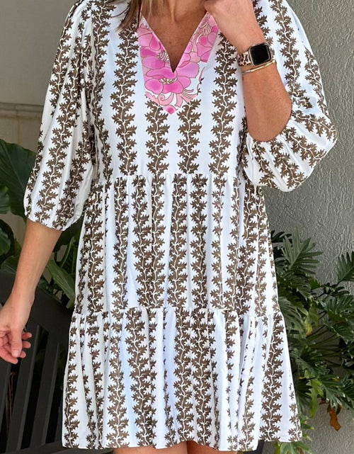 Load image into Gallery viewer, Printed Notched 3/4 Sleeve Mini Dress
