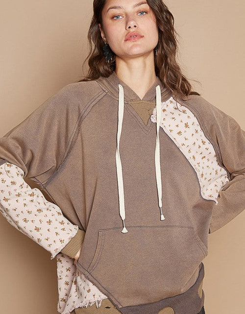 Load image into Gallery viewer, POL Floral Patchwork Distressed Drawstring Hoodie
