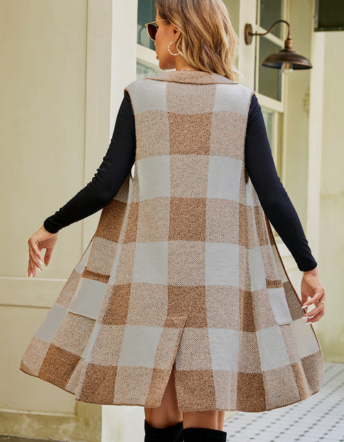 Load image into Gallery viewer, Plaid Open Front Sleeveless Cardigan with Pockets
