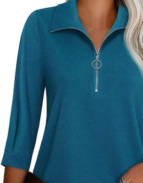 Load image into Gallery viewer, Half Zip Collared Neck Three-Quarter Sleeve T-Shirt
