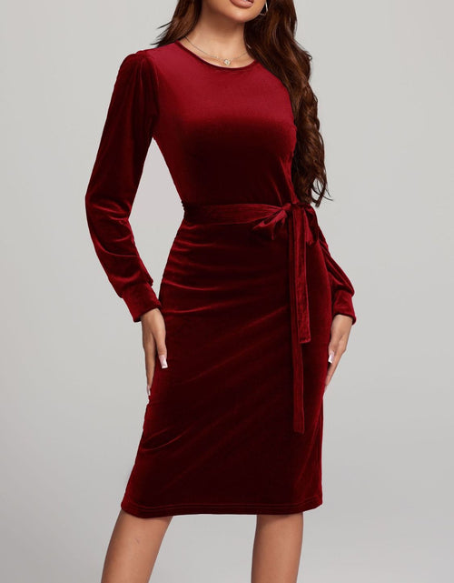 Load image into Gallery viewer, Round Neck Tie Waist Long Sleeve Velvet Dress
