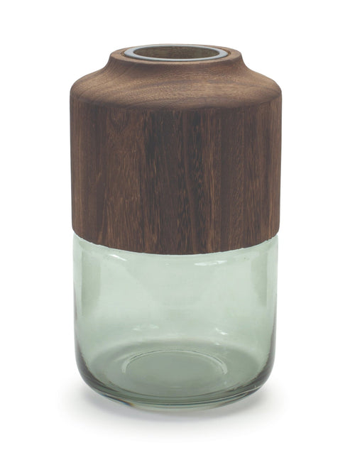 Load image into Gallery viewer, Sage Glass Vase with Wood Accent 11"H
