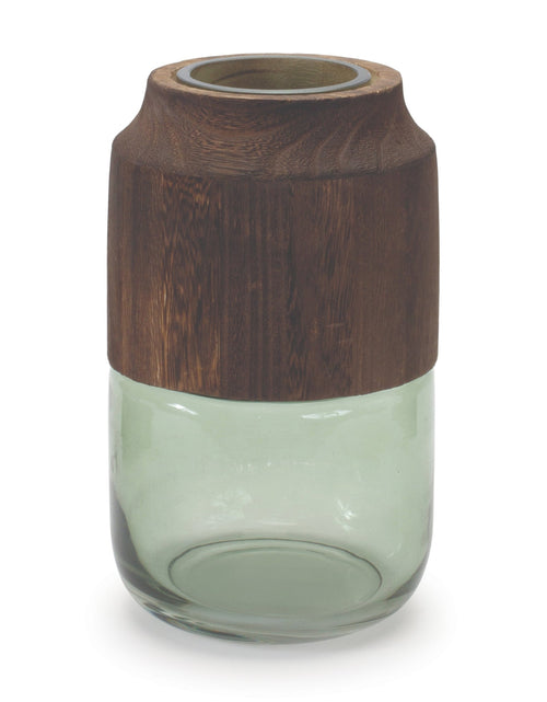 Load image into Gallery viewer, Sage Glass Vase with Wood Accent 9"H
