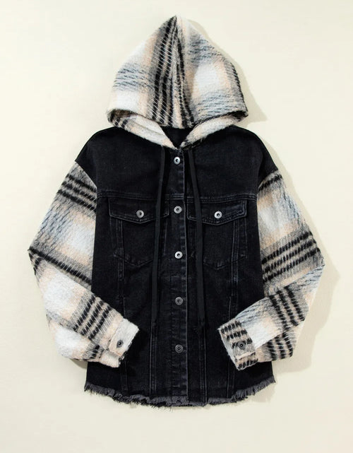 Load image into Gallery viewer, Drawstring Raw Hem Button Up Hooded Denim Jacket
