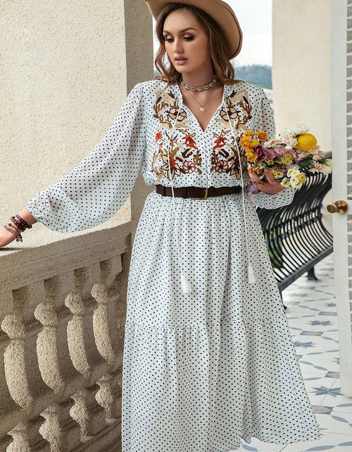 Load image into Gallery viewer, Plus Size Printed Tie Neck Long Sleeve Midi Dress
