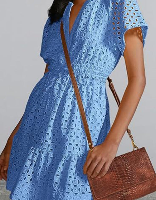 Load image into Gallery viewer, Eyelet Notched Short Sleeve Mini Dress
