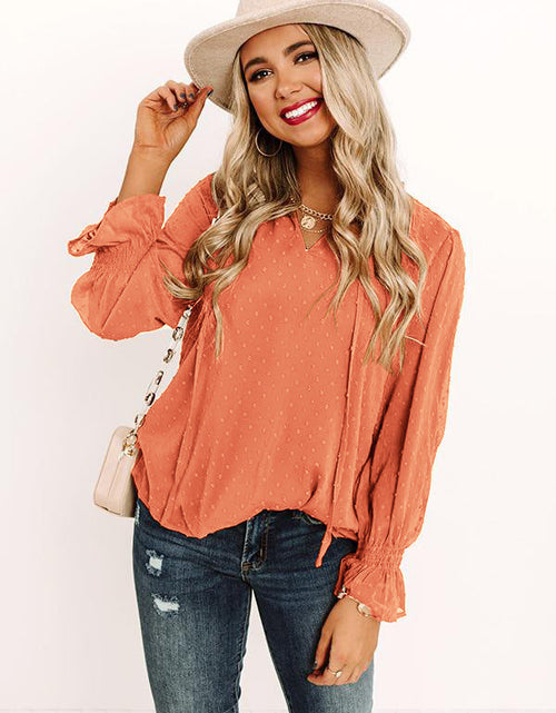 Load image into Gallery viewer, Swiss Dot Tie Neck Flounce Sleeve Blouse
