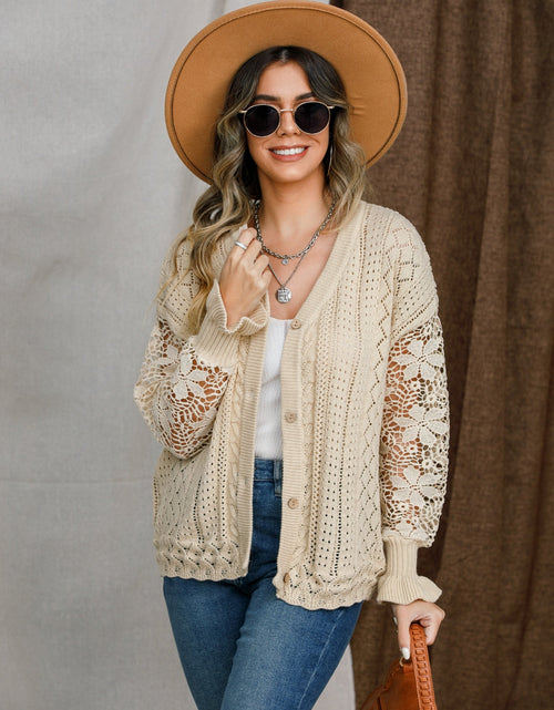 Load image into Gallery viewer, Eyelet Button Up Lantern Sleeve Cardigan
