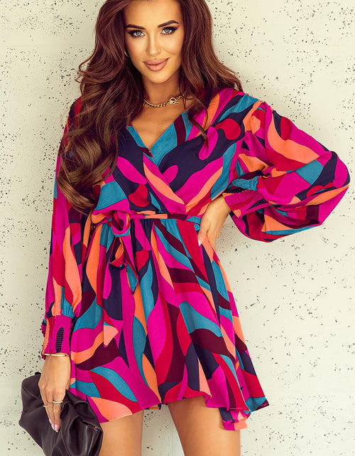 Load image into Gallery viewer, Printed Surplice Neck Tie Waist Dress
