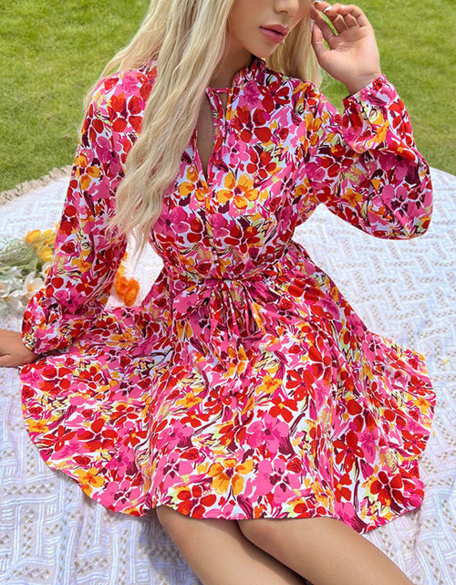 Load image into Gallery viewer, Perfee Tie Front Printed Long Sleeve Mini Dress
