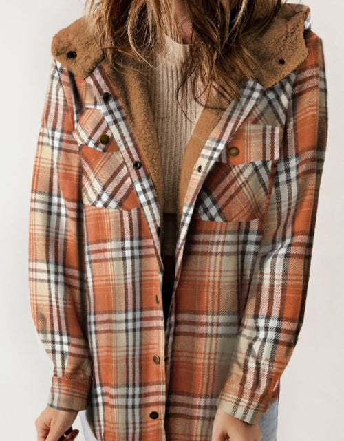 Load image into Gallery viewer, Plaid Button Up Long Sleeve Hooded Jacket
