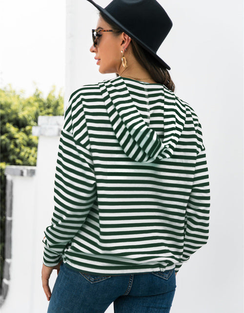Load image into Gallery viewer, Striped Half-Button Dropped Shoulder Hoodie
