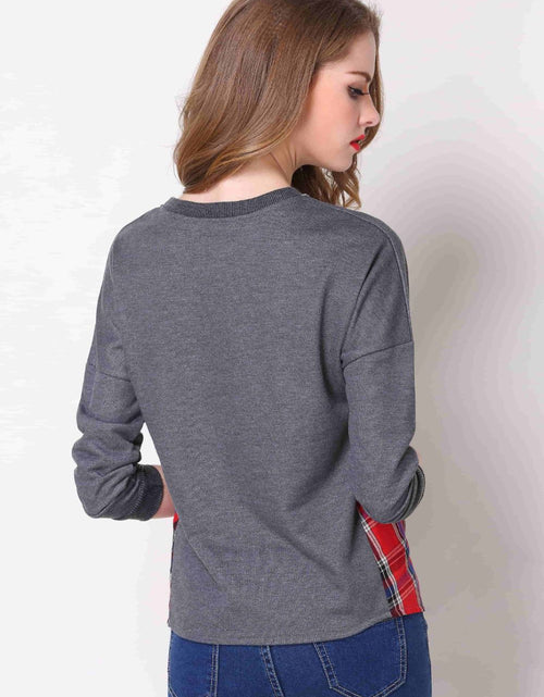 Load image into Gallery viewer, Full Size Plaid Patch Drop Shoulder Round Neck Top
