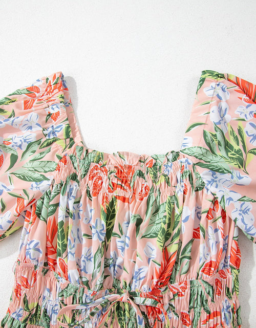 Load image into Gallery viewer, Floral Smocked Square Neck Puff Short Sleeve Midi Dress
