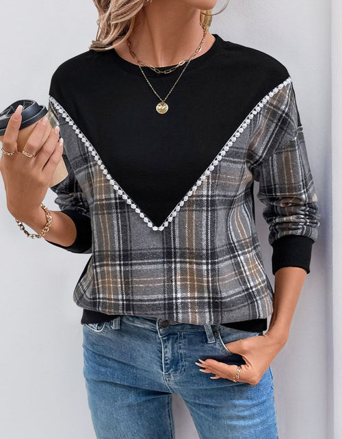 Load image into Gallery viewer, Perfee Plaid Round Neck Long Sleeve Sweatshirt

