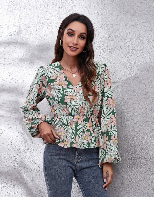 Load image into Gallery viewer, Floral V-Neck Balloon Sleeve Peplum Blouse
