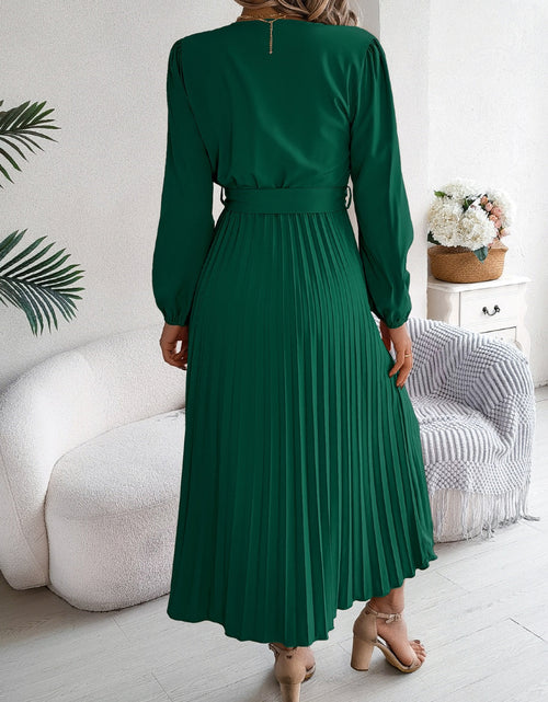 Load image into Gallery viewer, Pleated Tied V-Neck Long Sleeve Dress
