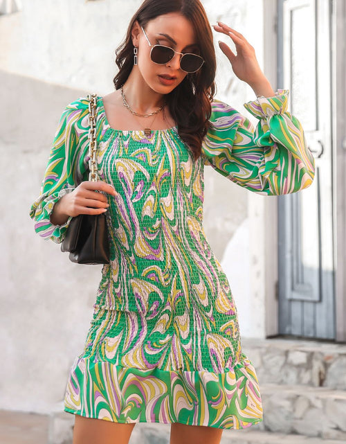Load image into Gallery viewer, Abstract Print Square Neck Smocked Dress
