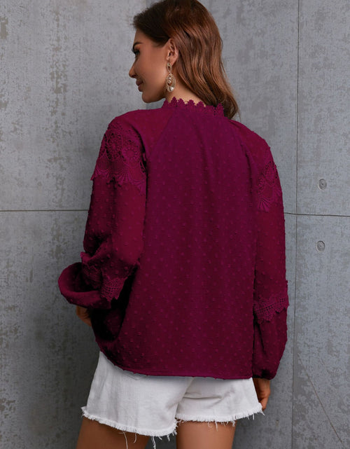 Load image into Gallery viewer, Crochet Tassel Tie Neck Long Sleeve Blouse
