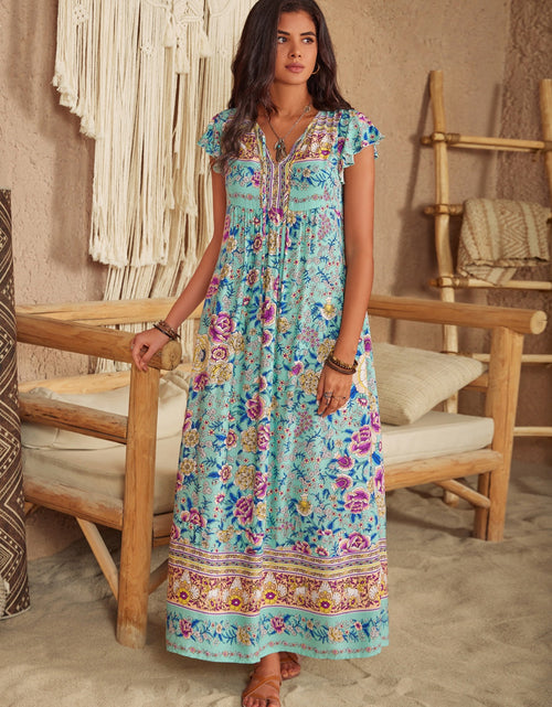 Load image into Gallery viewer, Ruffled Printed Tie Neck Cap Sleeve Dress
