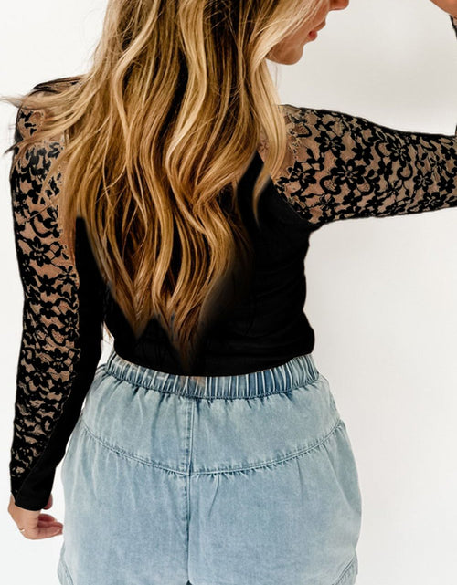 Load image into Gallery viewer, Mock Neck Long Sleeve Lace Patchwork T-Shirt

