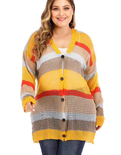 Load image into Gallery viewer, Plus Openwork Color Block Button Up Cardigan
