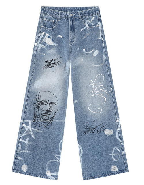 Load image into Gallery viewer, Mid Rise Graffiti Print Distressed Wide Leg Jeans
