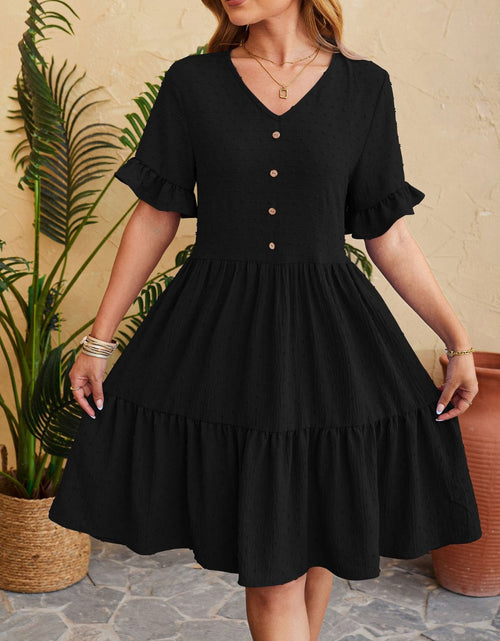Load image into Gallery viewer, Swiss Dot Ruffled V-Neck Tiered Dress

