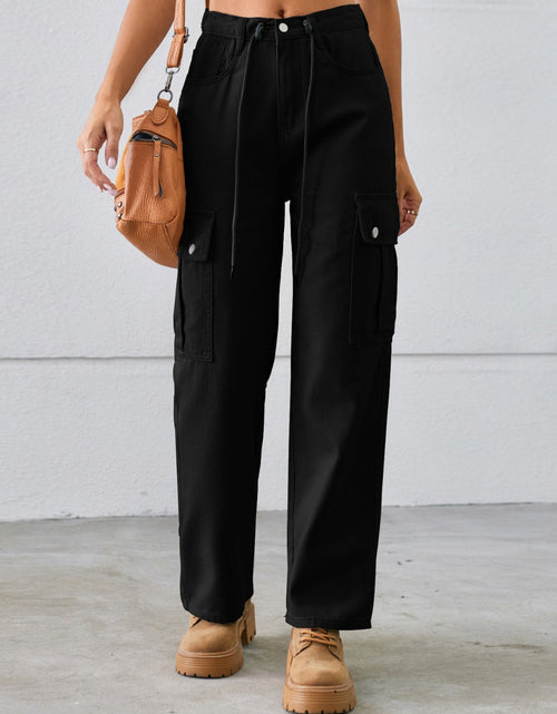 Load image into Gallery viewer, Drawstring Mid-Rise Waist Straight Cargo Jeans
