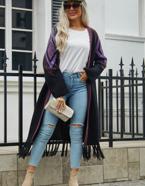 Load image into Gallery viewer, Angel Wings Geometric Fringe Hem Open Front Duster Cardigan
