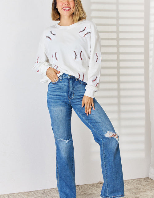 Load image into Gallery viewer, Sequin Baseball Round Neck Dropped Shoulder Sweatshirt
