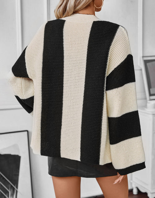 Load image into Gallery viewer, Waffle-Knit V-Neck Striped Long Sleeve Cardigan
