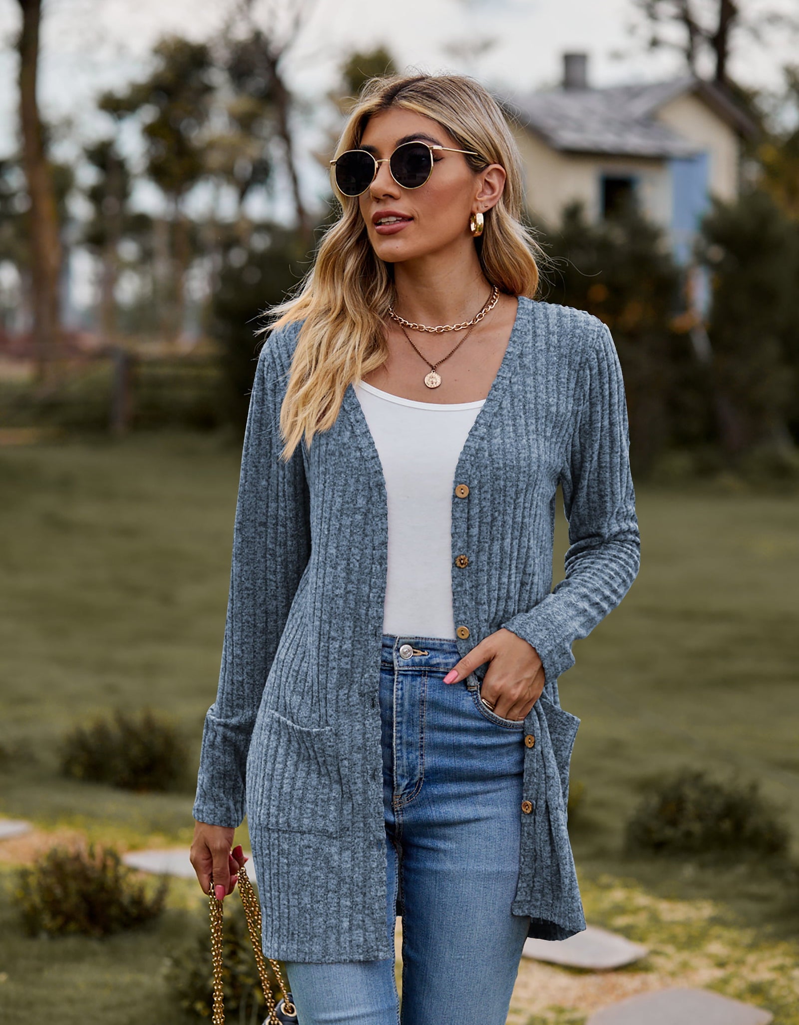Ribbed Button-Up Cardigan with Pockets