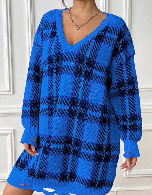 Load image into Gallery viewer, Plaid V-Neck Long Sleeve Sweater Dress
