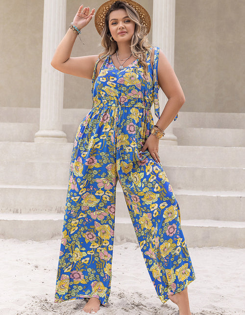 Load image into Gallery viewer, Plus Size Printed V-Neck Wide Leg Jumpsuit

