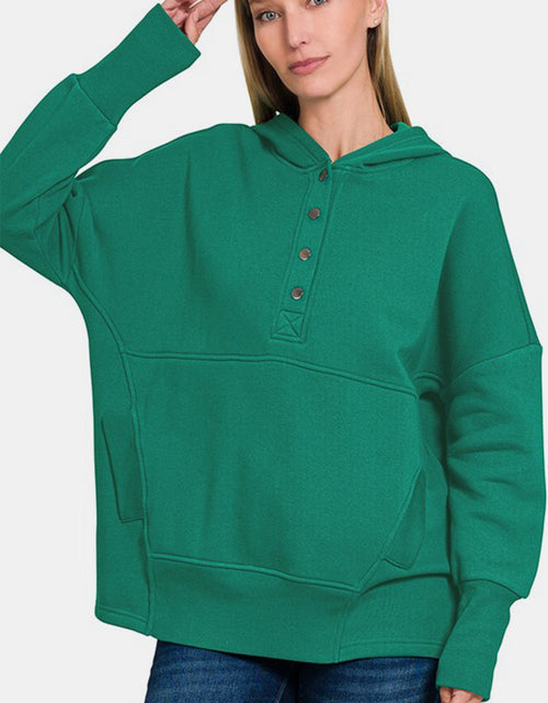 Load image into Gallery viewer, Zenana Half Snap Long Sleeve Hoodie with Kangaroo Pocket
