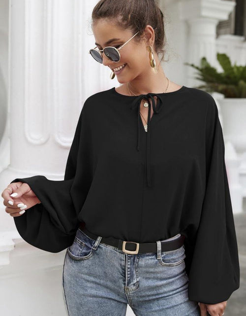Load image into Gallery viewer, Tie Neck Balloon Sleeve Blouse
