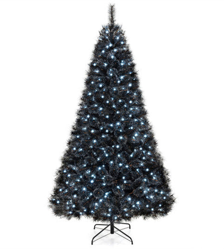 6/7/8 Feet Black Artificial Halloween Christmas Tree with PVC Branch Tips and 210/320/450 Cool White LED Lights-L