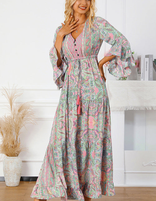Load image into Gallery viewer, Printed Tassel Tie V-Neck Tiered Dress
