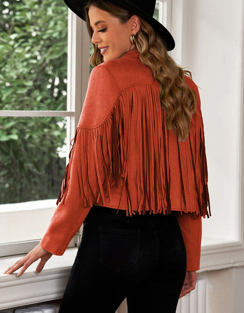 Load image into Gallery viewer, Fringe Trim Lapel Collar Cropped Blazer
