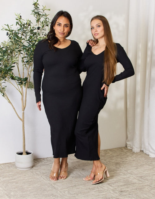 Load image into Gallery viewer, Culture Code Full Size Ribbed Long Sleeve Midi Slit Dress

