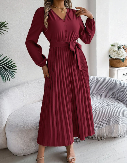 Load image into Gallery viewer, Pleated Tied V-Neck Long Sleeve Dress
