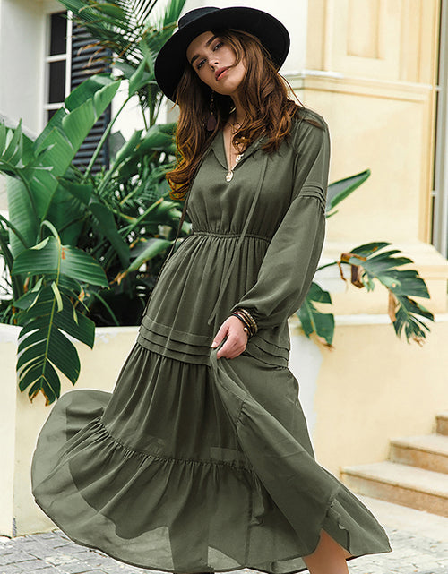 Load image into Gallery viewer, Tie Neck Long Sleeve Midi Tiered Dress
