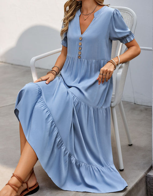 Load image into Gallery viewer, Perfee Decorative Button Notched Short Sleeve Midi Dress
